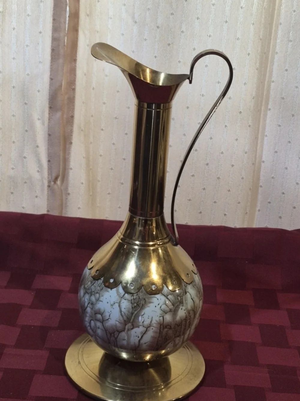 Vintage Delft Holland Brass & Marbled Ceramic Ewer Pitcher Vase MCM 9.75